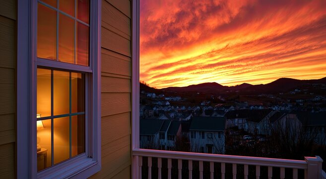 Golden sunset paints the sky over a quiet neighborhood viewed from a porch