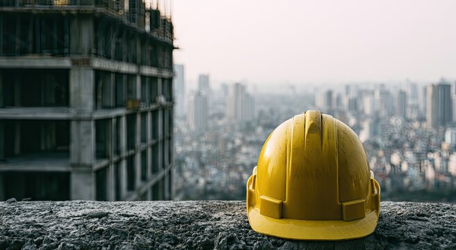 Yellow hard hat rests on concrete overlooking a city and building construction