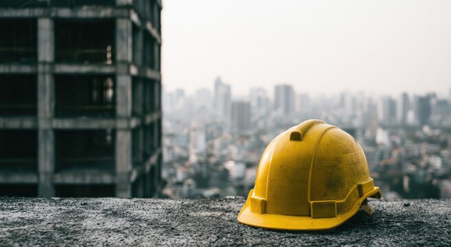 Yellow hard hat on a concrete ledge overlooking a hazy city skyline