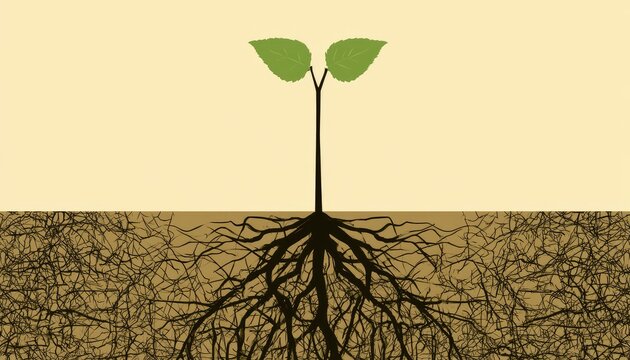 A sapling with two green leaves emerges from dark soil, its intricate root system spread wide