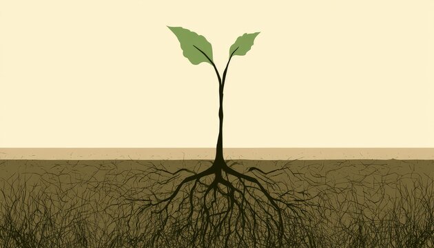 Tiny green sprout emerges from dark earth, revealing extensive root system
