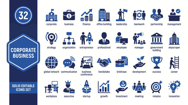 Blue vector corporate business icons set illustrating finance, teamwork, management, industry, offices, and branding for stock imagery.