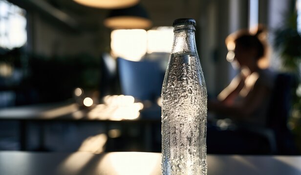 Close-up of a condensation-covered glass bottle of water in sunlight, person blurred background