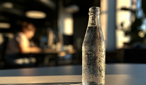 Clear glass bottle with water droplets, blurred office in background