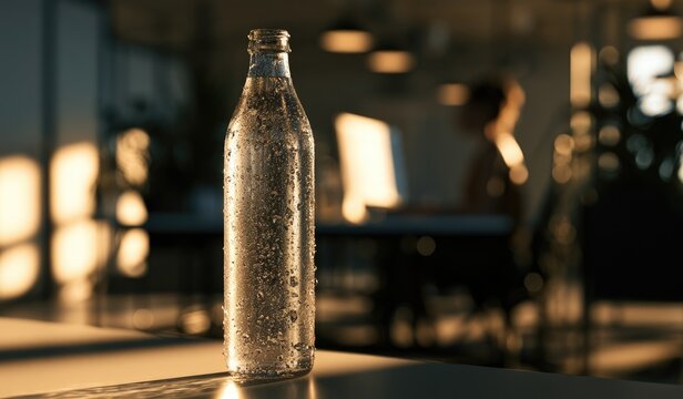 Clear glass bottle with condensation, office interior, low light, soft focus