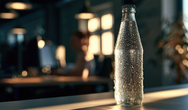 Frosted glass bottle with water droplets on desk in sunlit office