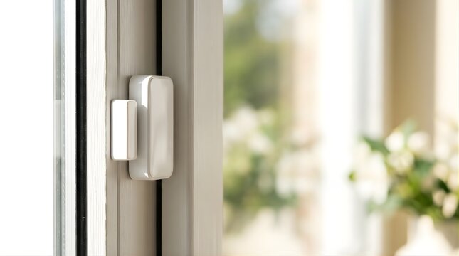 White magnetic contact sensor installed on a home window for security