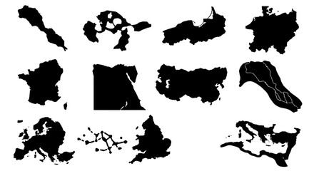 Black silhouette world maps and country borders, set of 12 geographic vector icons, minimalist cartography shapes for infographics and travel design © Adobe