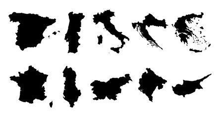 European country map silhouettes set, black vector outlines of Mediterranean nations, 10 isolated geographic borders for travel infographics © Adobe