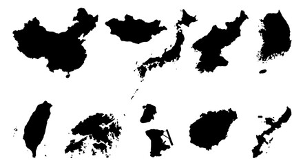 East Asia map silhouettes collection, set of 10 black country and territory vector outlines, isolated geographic borders for infographics and travel design © Adobe
