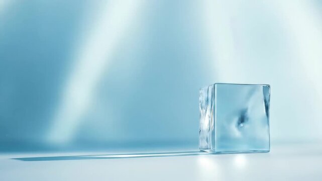 Transparent ice cube on blue backdrop with shadows and sunlight