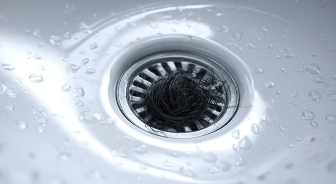 Close up of a clogged sink drain with tangled dark hair and water droplets