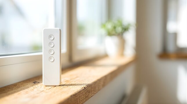 White smart remote control standing on a sunny wooden windowsill indoors