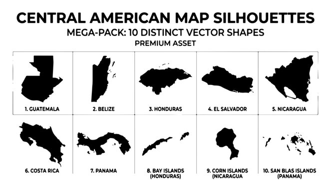 Central American map silhouettes, mega pack of 10 distinct vector shapes, black country outlines for Guatemala, Belize, Honduras, and Panama