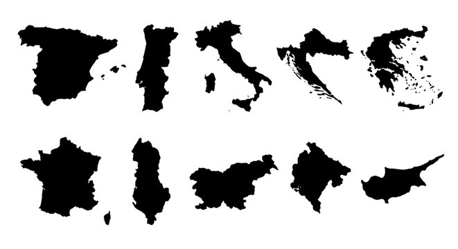 European country map silhouettes set, black vector outlines of Mediterranean nations, 10 isolated geographic borders for travel infographics