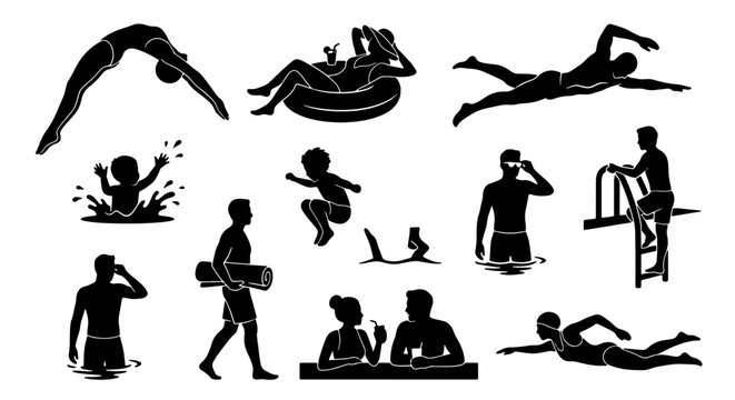 Swimming pool people silhouettes, summer vacation water activities set, 12 black vector icons of swimmers and divers for leisure and sports design