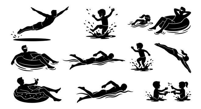 Swimming people silhouette set, 11 vector icons of summer pool activities, black figures diving and floating on inner tubes, water sports collection