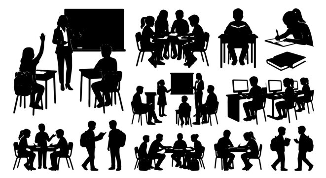 School classroom silhouettes set, students and teacher in learning environment, primary education vector collection for academic design
