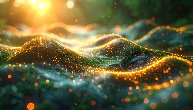 A vibrant abstract landscape with glowing golden waves and particles against a dark background