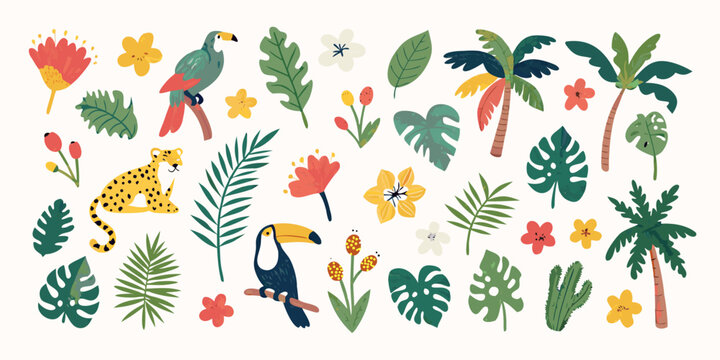 Tropical flora and fauna illustration featuring palm leaves and toucans