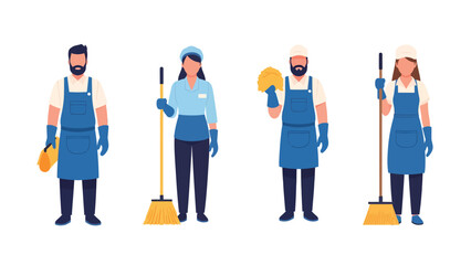 Fototapeta premium Set of male and female cleaners wearing uniforms and holding cleaning tools, illustrating professional cleaning service staff.