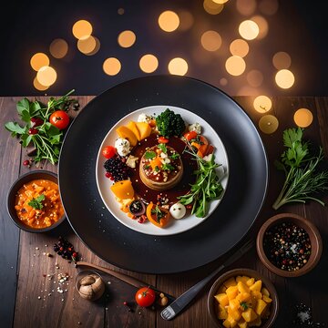 A vibrant plate of food on a wooden table with lights