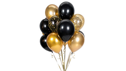 Bunch of shiny black and gold celebration balloons isolated on a transparent background party © golos-png