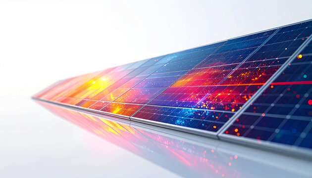Vibrant Solar Panels: A striking close-up showcases the intricate details of modern solar panels, reflecting a spectrum of vibrant colors and energy, symbolizing innovation and renewable power.
