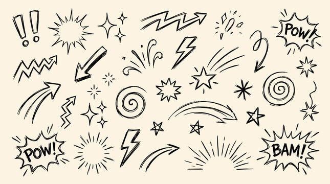 Hand-drawn comic-style doodle collage featuring explosion bursts, stars, swirls, zigzags and action words like POW and BAM