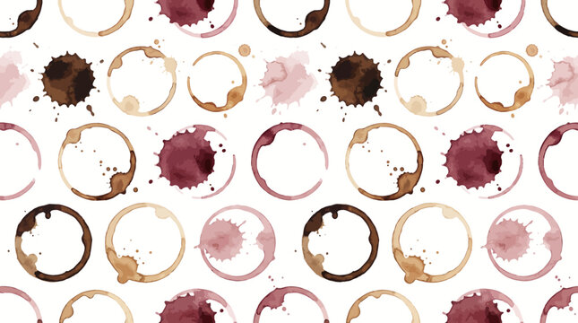 Abstract coffee ring pattern with scattered brown and maroon circular stains on a white background, an artistic coffee ring wallpaper texture.
