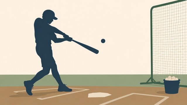 バッティング練習をする野球選手のシルエットイラスト