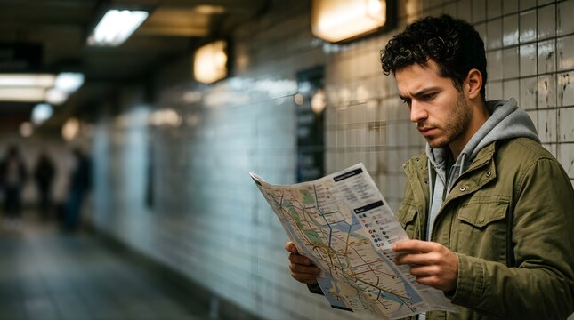 Young man looking at a subway map in a tunnel while traveling in city