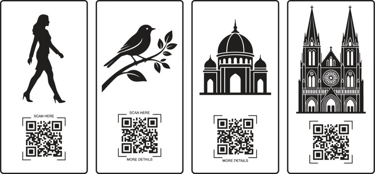 four vertical panels with icons and qr codes for scanning