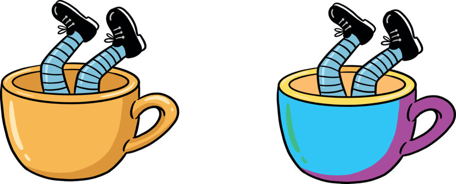 Whimsical Alice in Wonderland Inspired Vector Illustration Set Featuring Witch or Character Legs Stuck Upside Down in Yellow and Blue Tea Cups