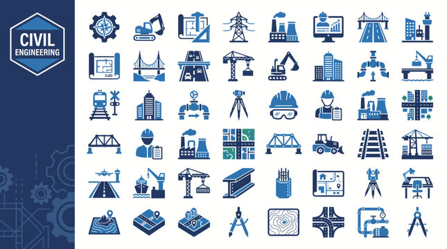 Comprehensive set of civil engineering and construction icons featuring bridges, cranes, buildings, blueprints, safety gear, surveying tools, and infrastructure design concepts.
