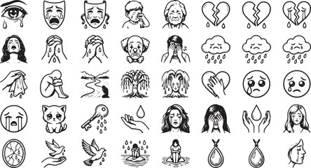Fototapeta premium Sadness and Emotional Expression Icon Set Featuring Depression, Grief, Tears, Broken Heart, and Mental Health Symbols