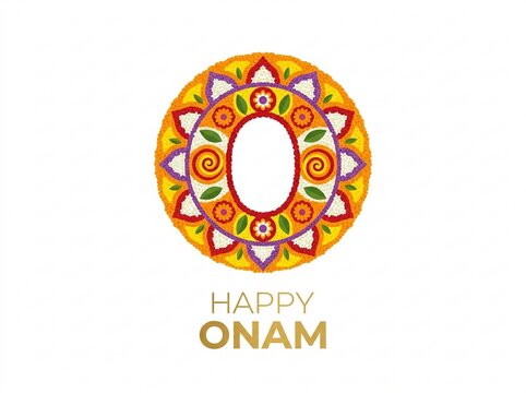 Onam Festival Pookalam Flower Rangoli Letter O Design Greeting Card Vector