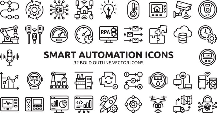 Smart automation bold outline icon set with IoT devices, AI systems, robotics, cloud computing, and industrial technology concepts