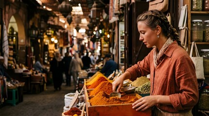 Obraz premium Young woman selling aromatic spices at a traditional Moroccan market stall