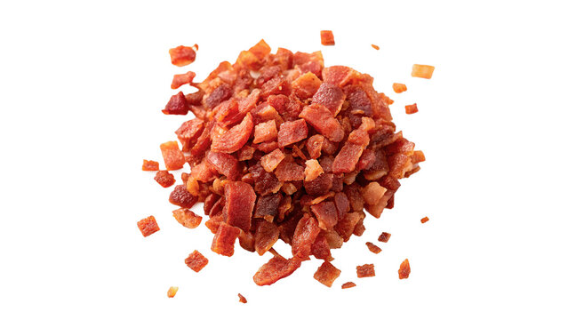 Pile of small crunchy red dried bacon bits toppings isolated on transparent background cut out