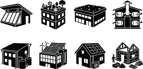 Fototapeta premium Sustainable Green Building and Eco Friendly Architecture Black and White Icon Set