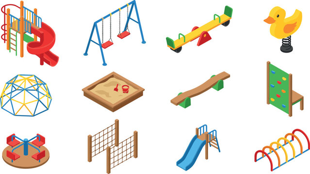 Isometric Children Playground Equipment Set Featuring Slides Swing Seesaw Sandbox Climbing Wall and Carousel Icons for Park Map Graphic Designs