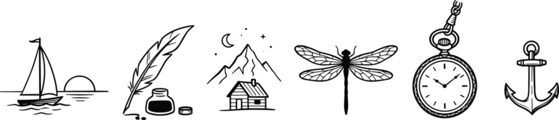 Minimalist black line art icons set featuring nature and vintage elementsMinimalist black line art icons set featuring nature and vintage elements © Shuvo