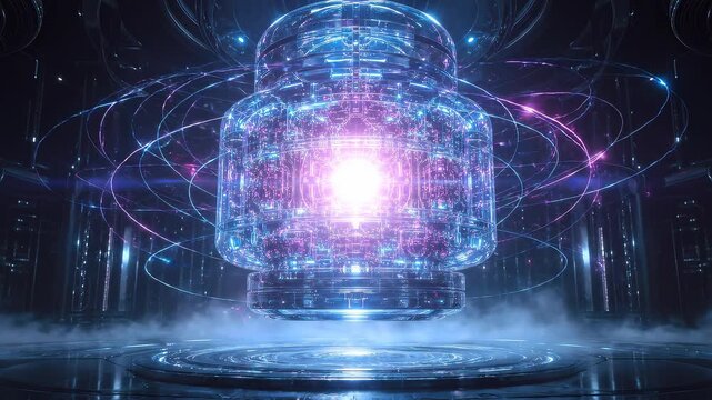 Transparent quantum processor glowing in futuristic chamber