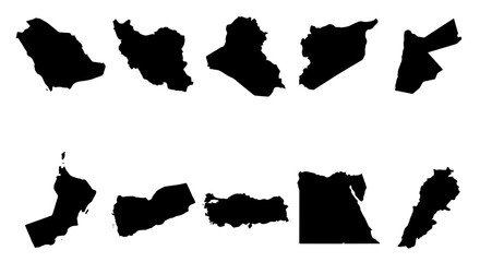 Middle East country maps collection, 10 black silhouette vector icons of Arab nations, geographic borders set for infographics and news © Adobe