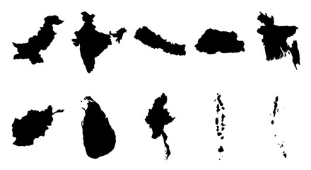 South Asian country maps collection, 10 black silhouette vector icons of Asian nations, geographic border outlines for infographics and travel design © Adobe