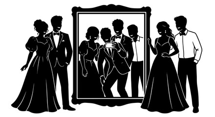 Elegant prom silhouette vector, formal party group taking selfie in mirror, high school dance celebration with friends in evening gowns and suits © Adobe