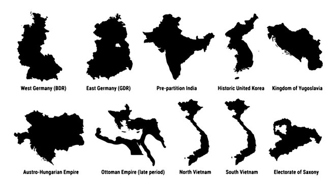 Historical map silhouettes of former nations, set of 10 vintage country borders, black vector outlines of defunct empires and divided states