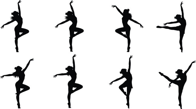 Collection of Elegant Female Dancer Silhouettes in Dynamic Ballet and Contemporary Dance Poses
