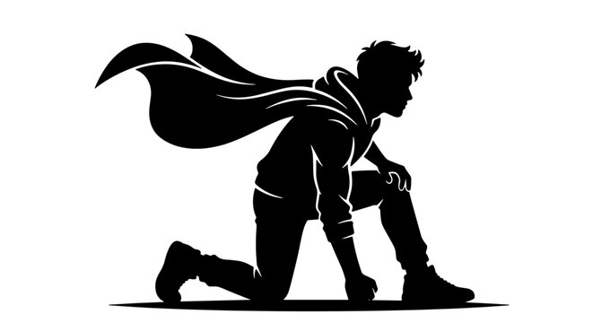 Superhero silhouette landing pose, black and white vector of a powerful hero with flowing cape, brave male character in dynamic action stance
